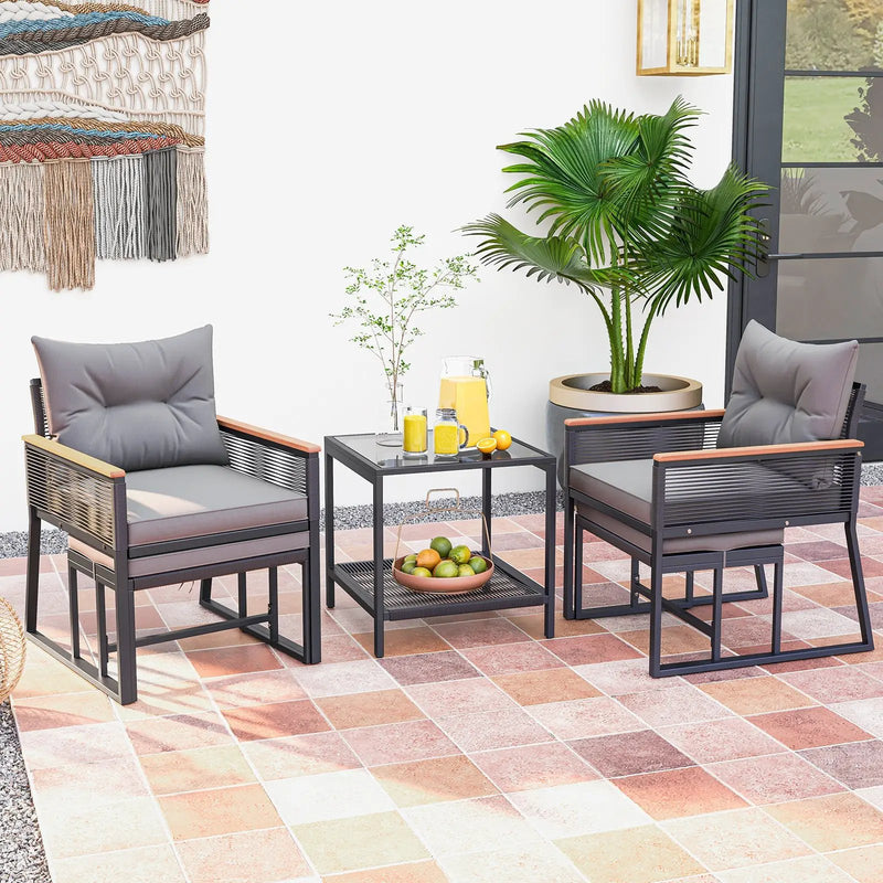 5 Piece Outdoor Rattan Conversation Set with 2-Layer Side Table and 2 Ottomans-Gray by DirectDeals