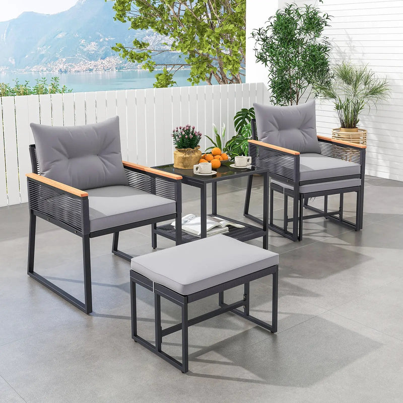 5 Piece Outdoor Rattan Conversation Set with 2-Layer Side Table and 2 Ottomans-Gray by DirectDeals