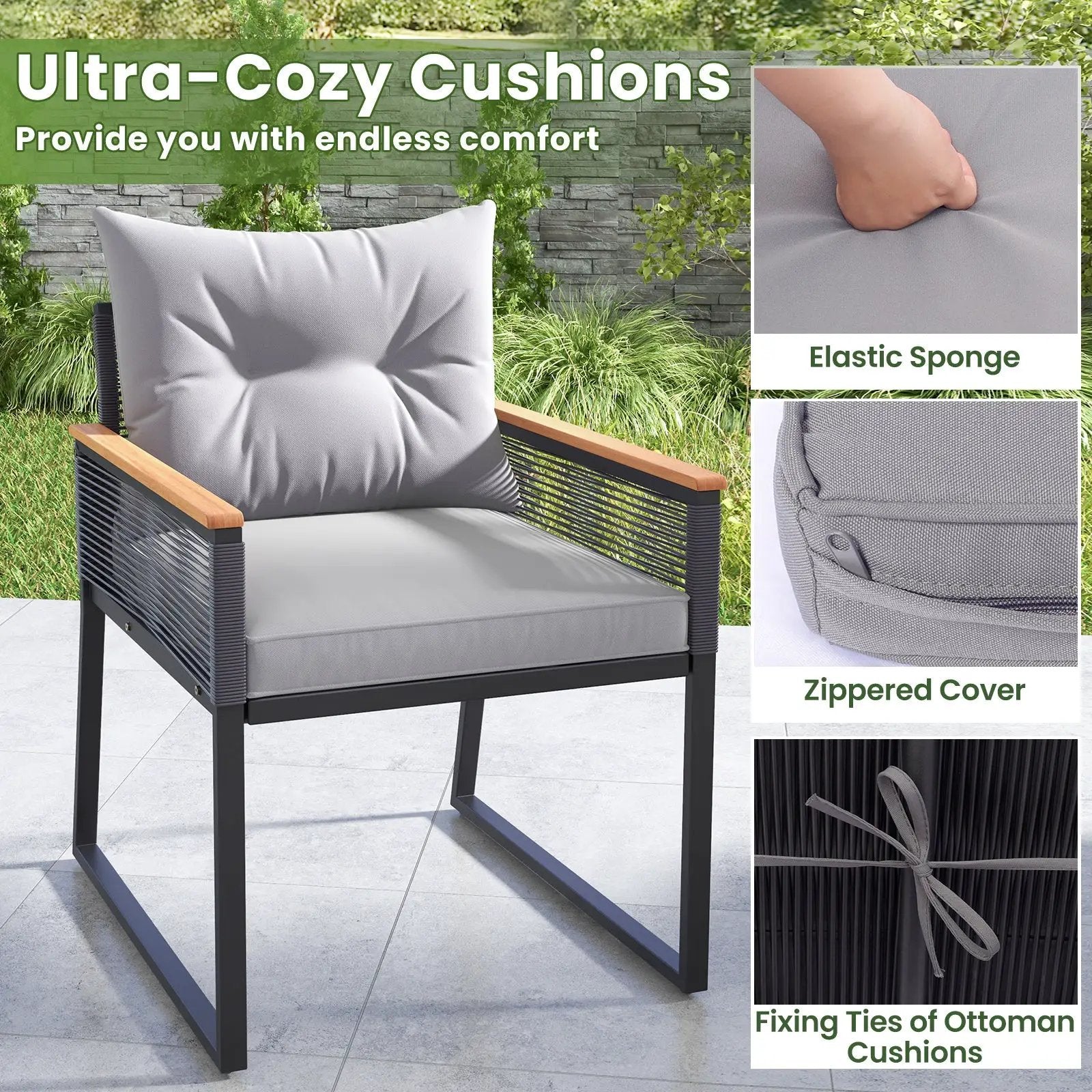 5 Piece Outdoor Rattan Conversation Set with 2-Layer Side Table and 2 Ottomans-Gray by DirectDeals