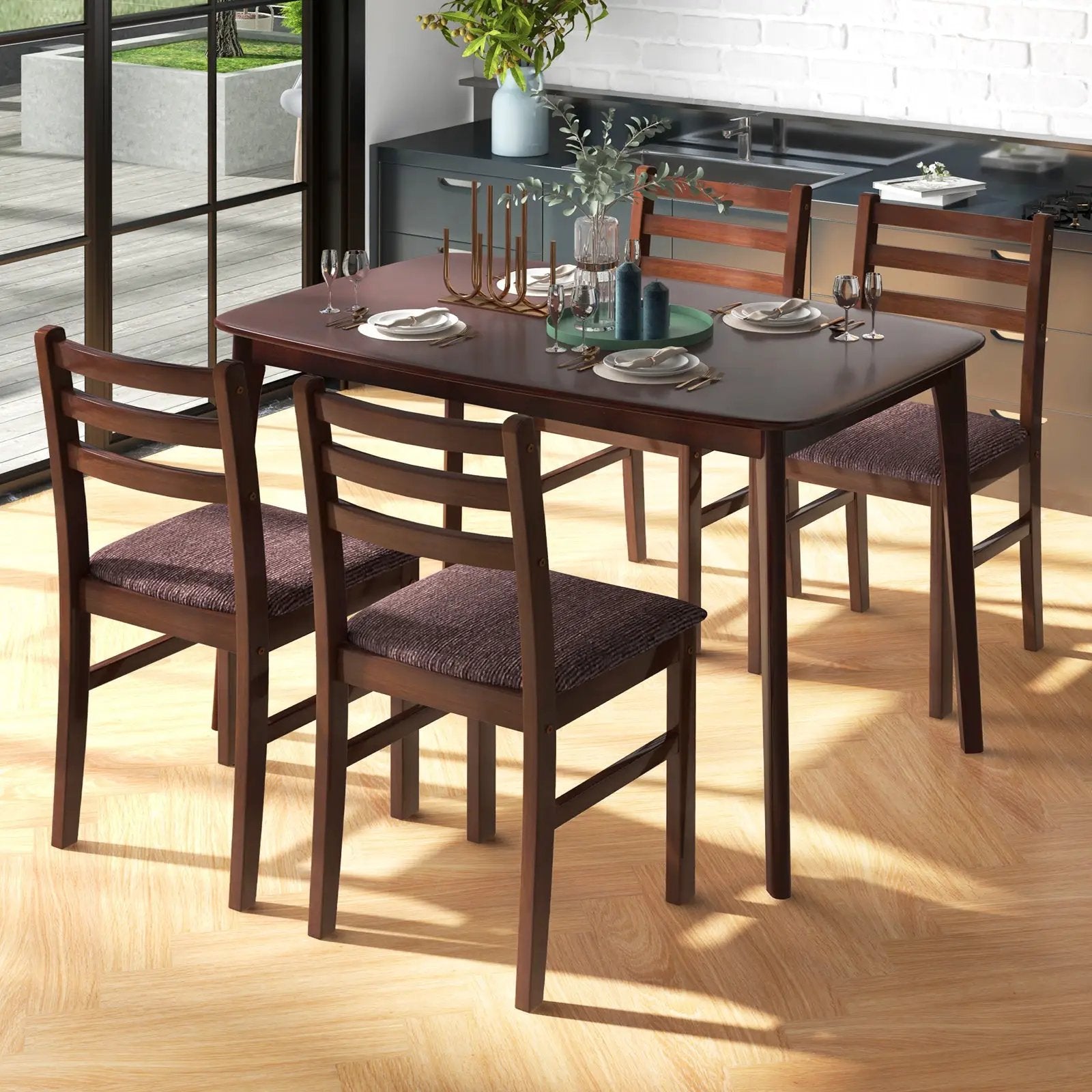 Vintage Wooden Dining Table Set for 4 with Padded Seat and Curved Backrest by DirectDeals