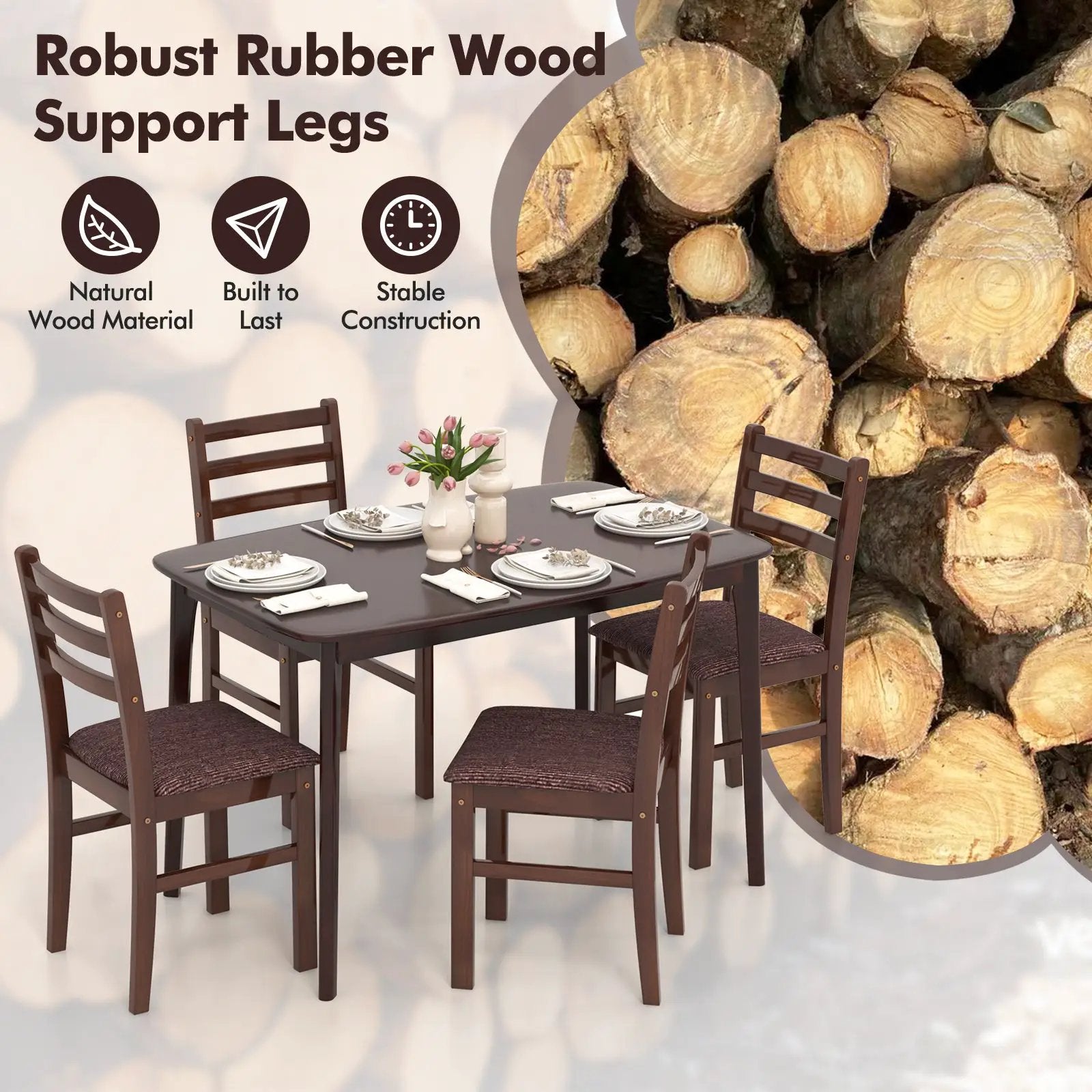Vintage Wooden Dining Table Set for 4 with Padded Seat and Curved Backrest by DirectDeals