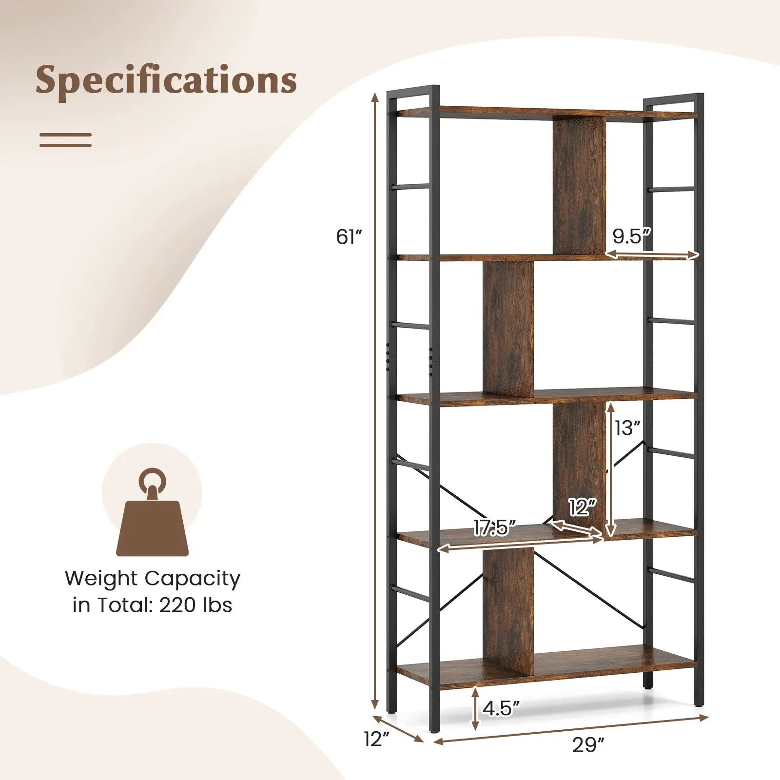 5-tier Bookcase 61 Inch Tall Industrial Bookshelf with Metal Frame by DirectDeals