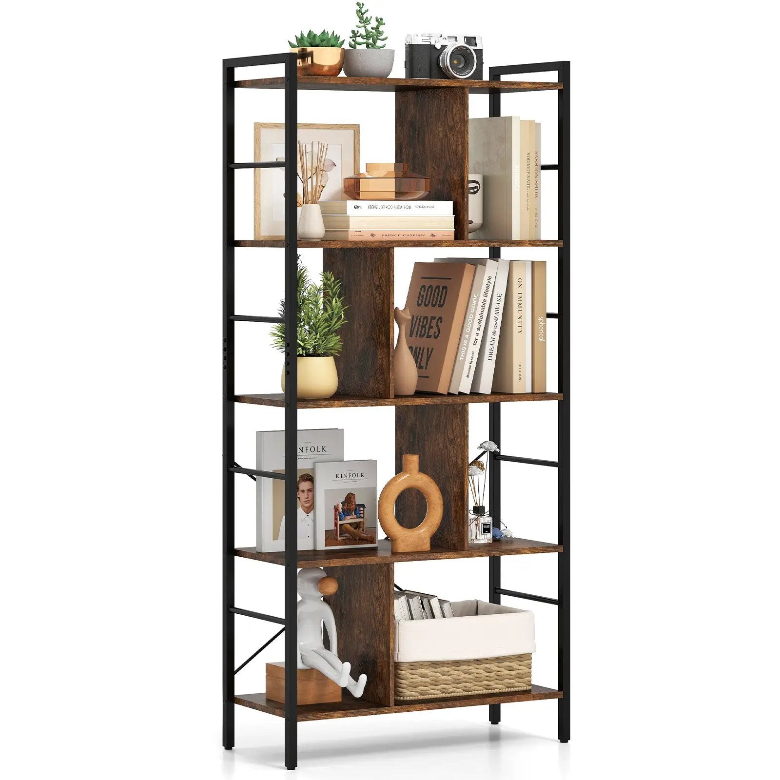 5-tier Bookcase 61 Inch Tall Industrial Bookshelf with Metal Frame by DirectDeals
