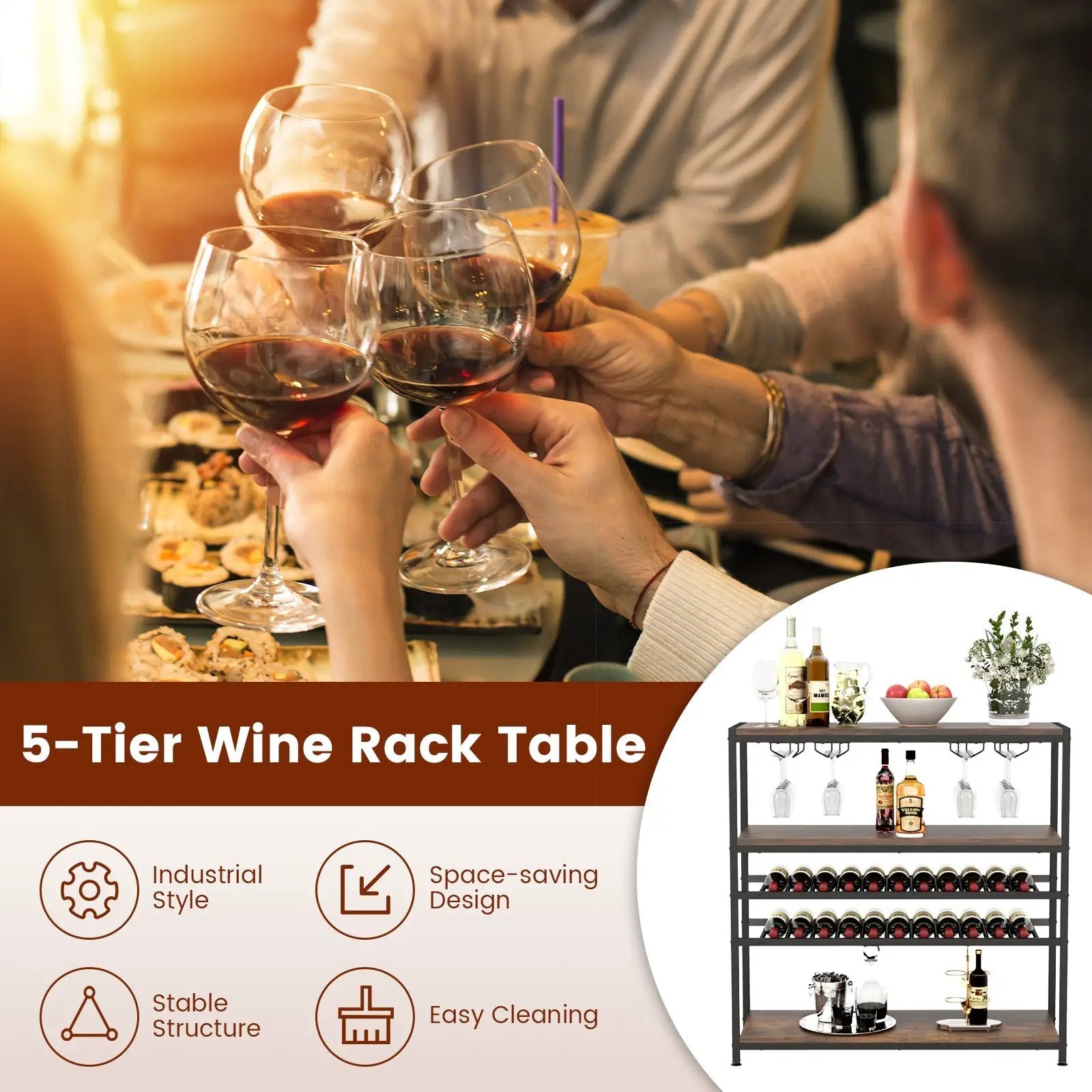 5-tier Wine Rack Table with Glasses Holder by DirectDeals