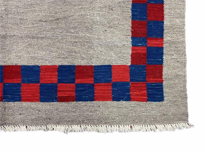 5' 7" x 7' 9" Geometric Kilim Carpet, Gray, Handmade, Hand-Knotted Area Rug, Blue & Red, Flatweave, Wool, New, Checkerboard Pattern by Jewel Rugs