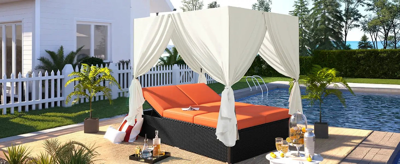 U_STYLE Outdoor Double Chaise Lounge Daybed with Curtains by HouseOfZazla