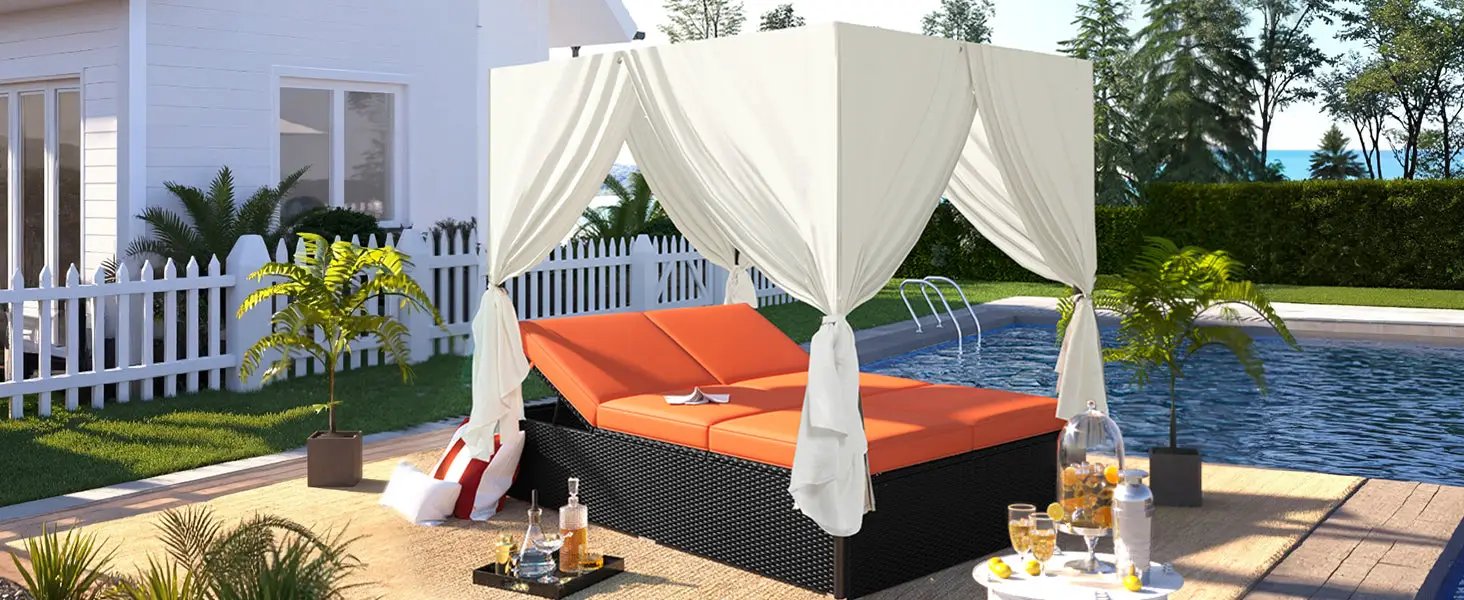 U_STYLE Outdoor Double Chaise Lounge Daybed with Curtains by HouseOfZazla