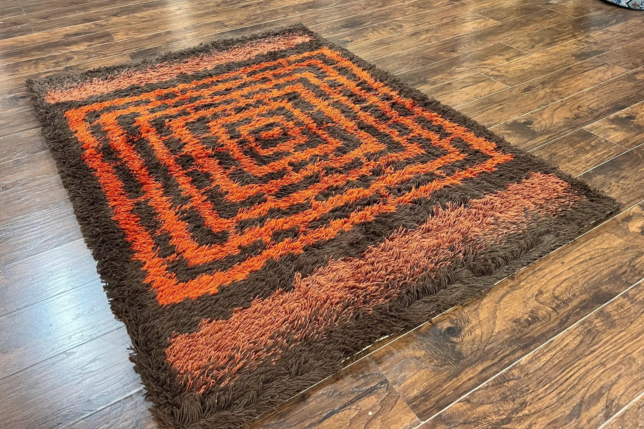 Vintage Rya Shag Rug 4.6 x 6.6, Abstract Design, Brown and Orange, Mid Century Danish Rya Carpet by Jewel Rugs