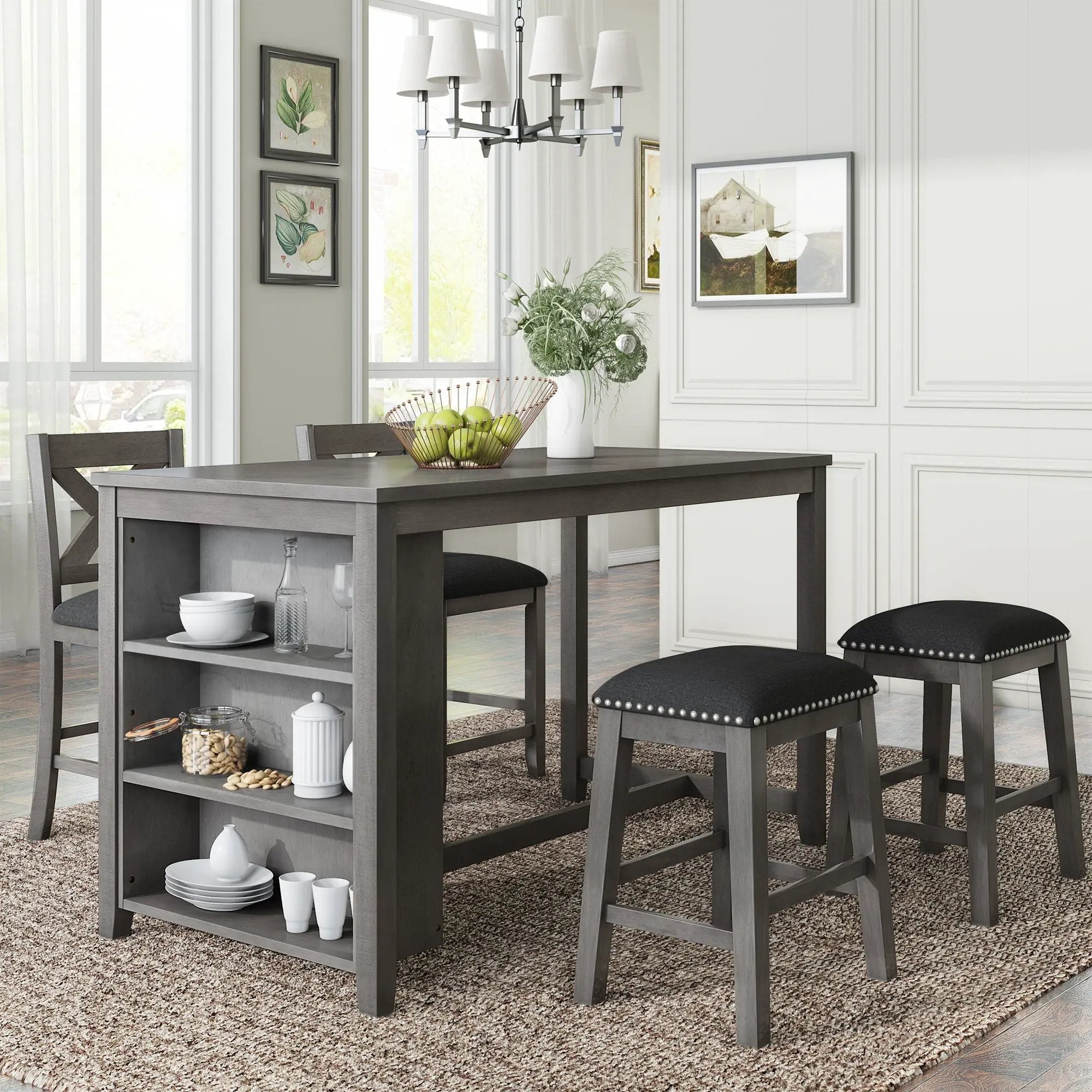 5 Pieces Counter Height Rustic Farmhouse Dining Room Wooden Bar Table Set With 2 Stools And 2 Chairs by Unique Piece Furniture
