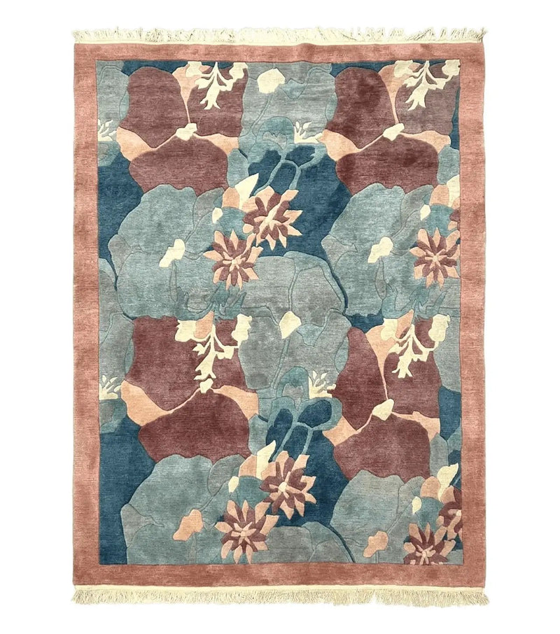 Modern Tibetan Rug 5.7 x 7.9, Abstract Multicolor Flower Pattern, Navy Blue Maroon Salmon, Soft Wool, Hand Knotted Contemporary Carpet 6x8 by Jewel Rugs