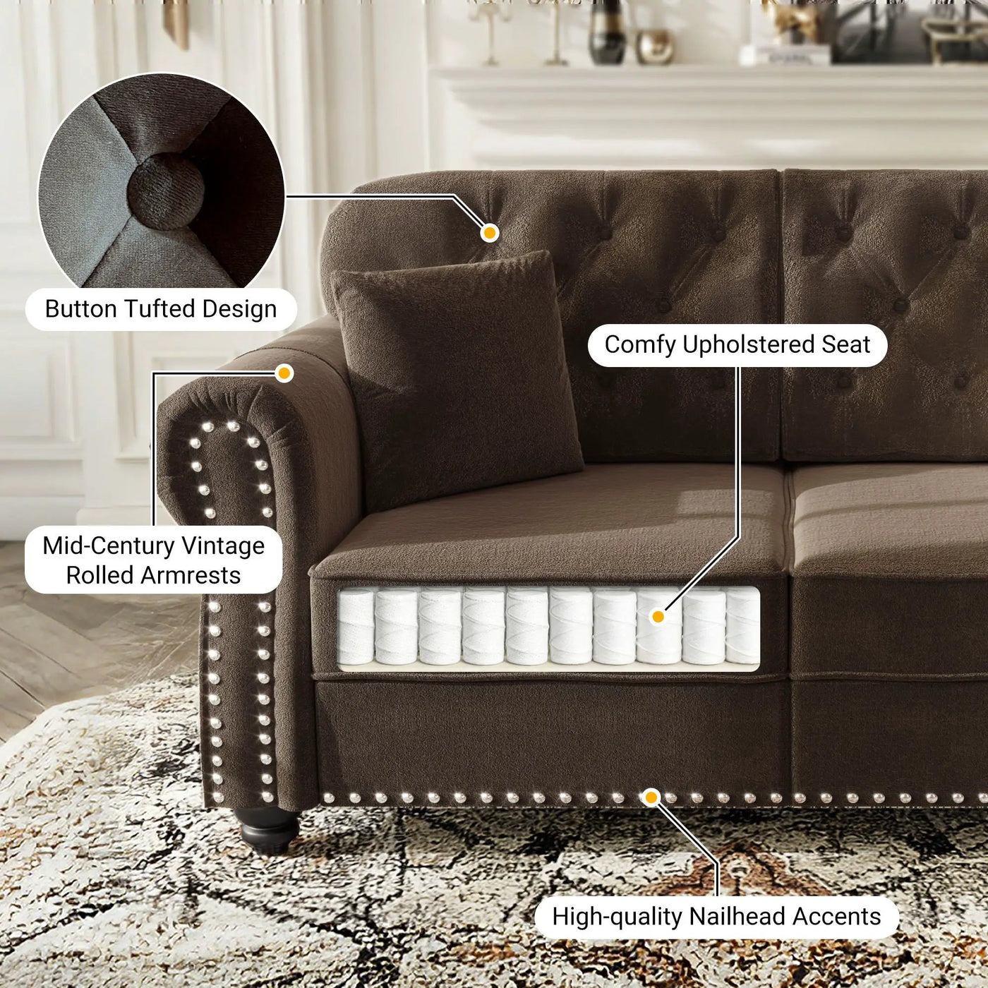 Sofa With Nailhead Trim And Rolled Armrests by HouseOfZazla