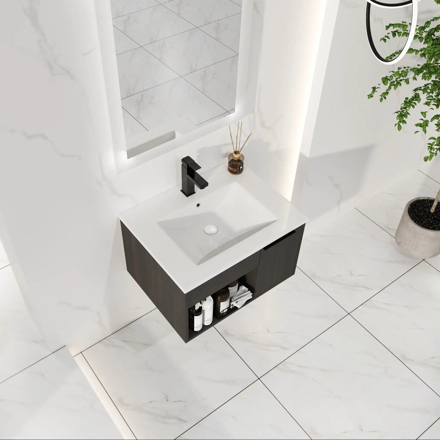 Wall Mounted Floating Bathroom Vanity With Open Shelf & Soft Close Door by HouseOfZazla