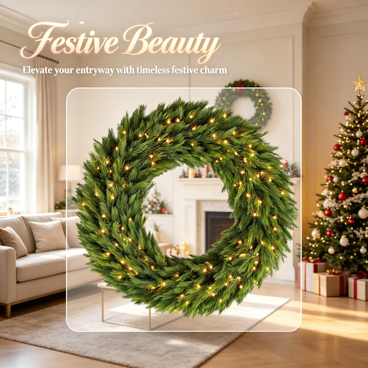 48in Pre-Lit Norwegian Spruce Christmas Wreath with 150 LED Lights - Green, photo 5 of 8