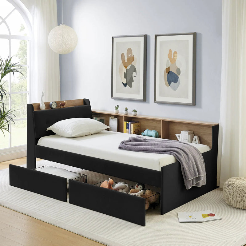 Upholstered Daybed With Storage Headboard, Wireless Charging, LED Lights by Unique Piece Furniture