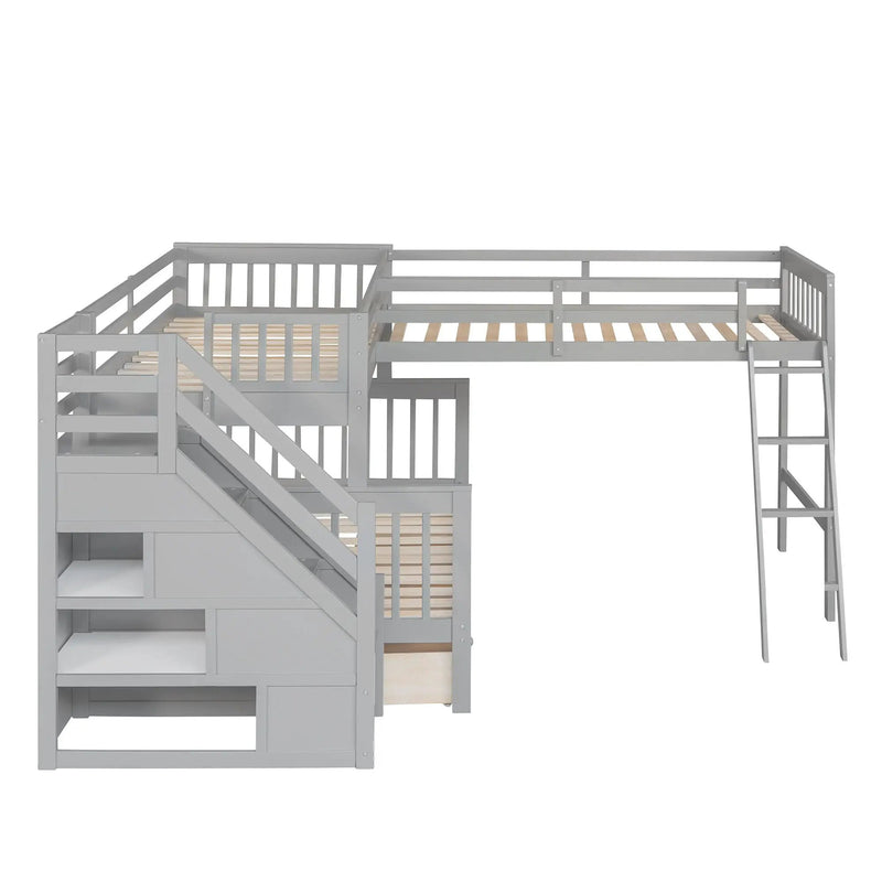 Solid L Shaped Bunk Bed With 3 Drawers, Ladder And Staircase by Unique Piece Furniture