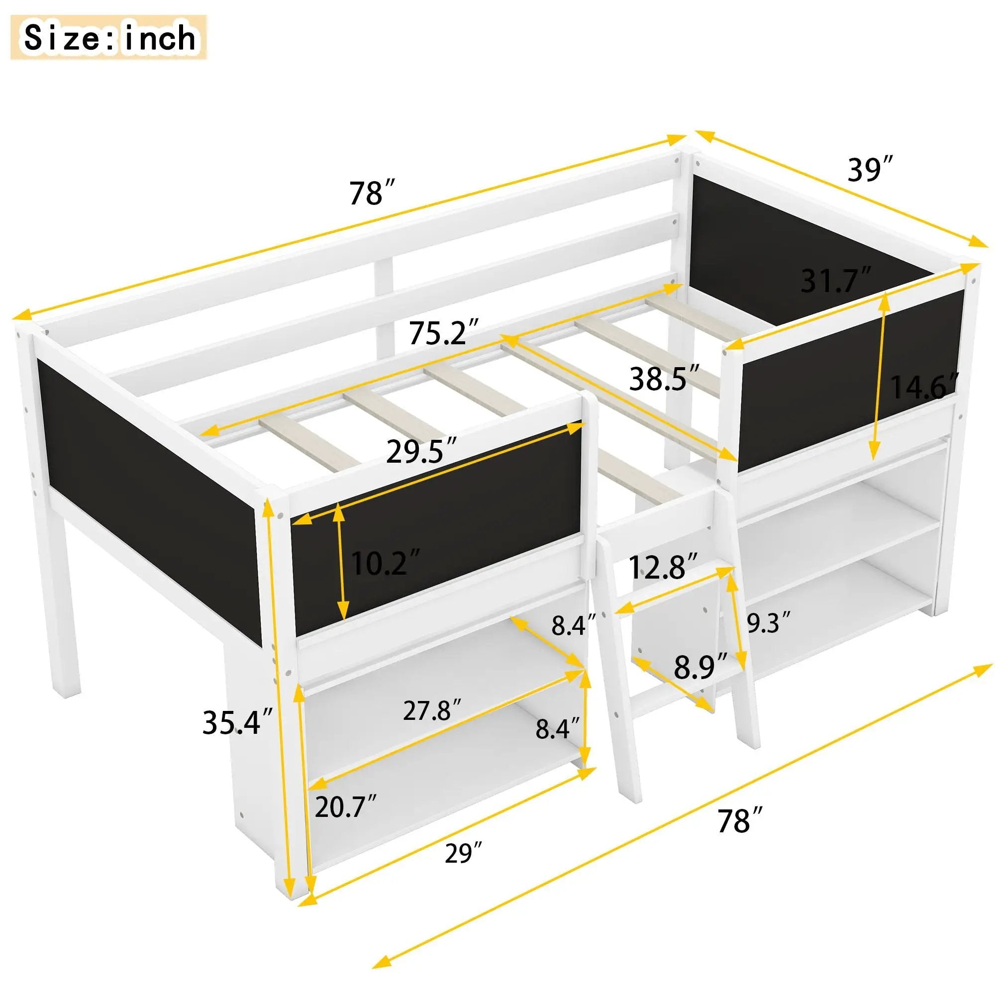 Low Loft Bed With Movable Shelves And Ladder, Decorative Chalkboard Guardrail by HouseOfZazla