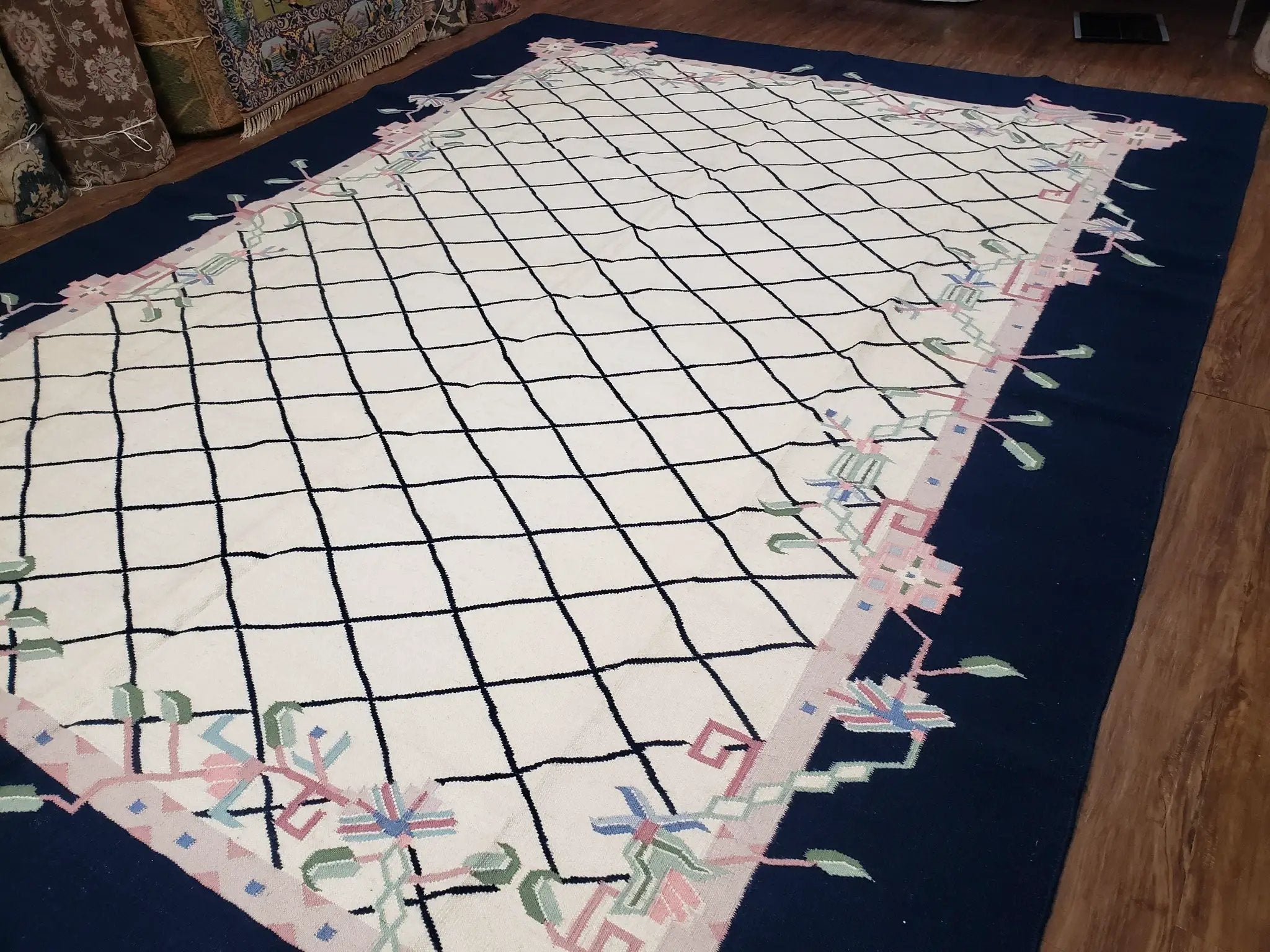 Vintage Dhurrie Rug, Indian Dhurrie 8x11 - 9x11, Wool Hand-Woven Ivory & Black Indo Carpet, Large Flat Weave Rug Living Room Rug Black White by Jewel Rugs