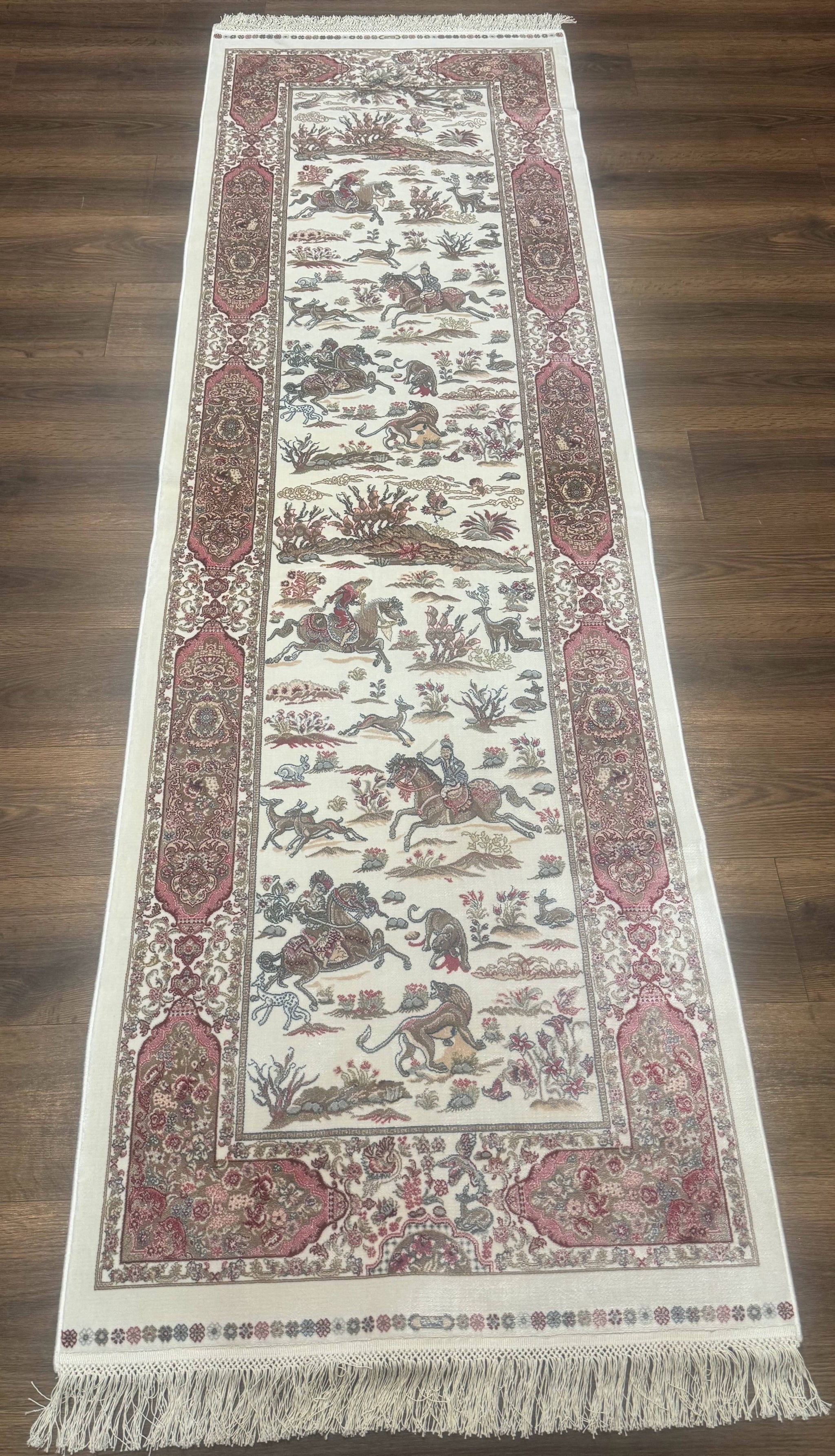 Turkish Silk Runner Rug 2.6 x 8, Hunting Design, Ivory, Bamboo Silk, New by Jewel Rugs