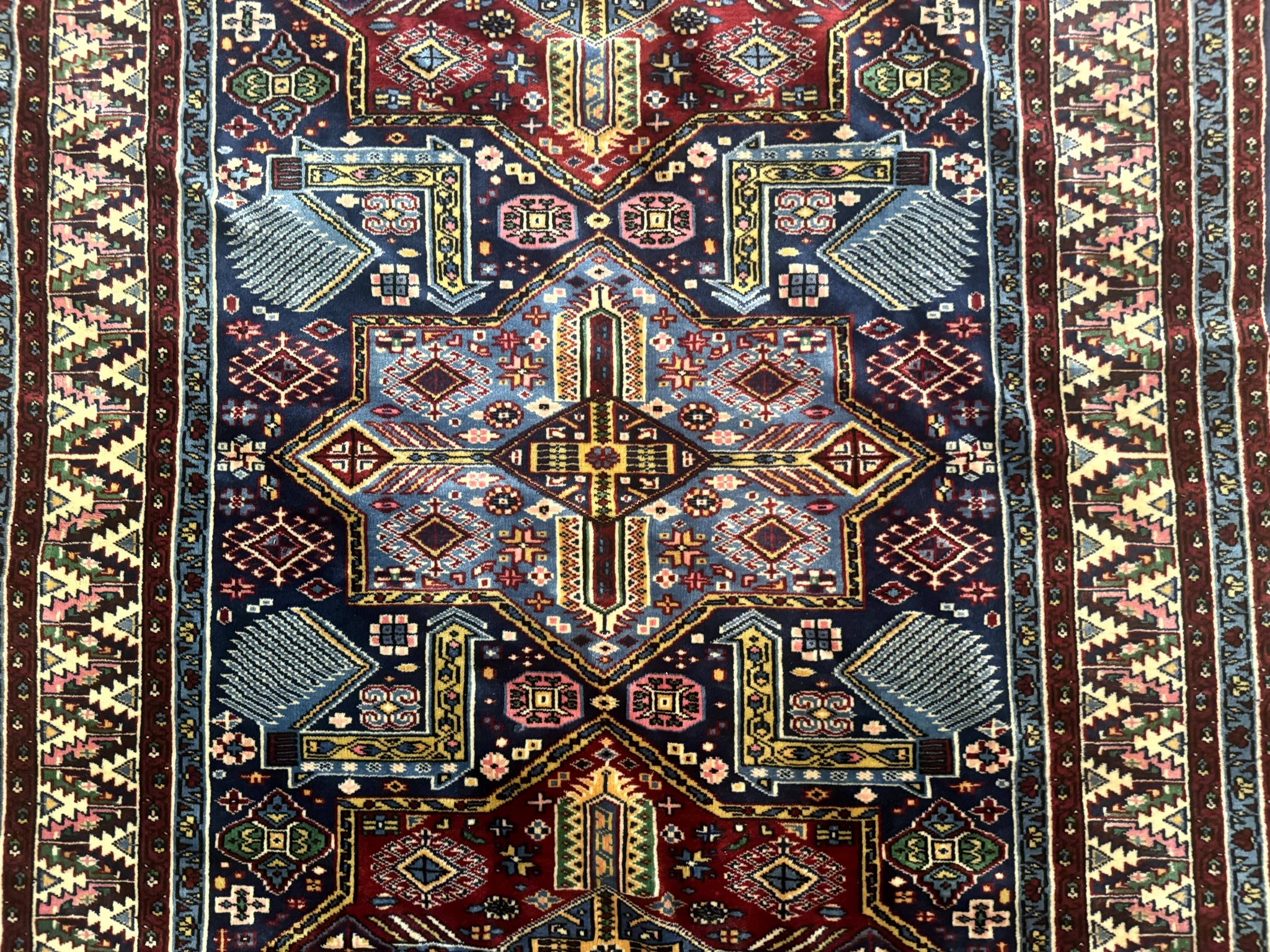 Indian Rug with Caucasian Design, 4x6 Geometric Carpet, Navy Blue and Cream by Jewel Rugs
