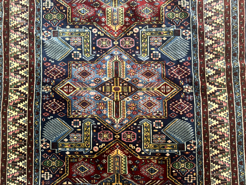 Indian Rug with Caucasian Design, 4x6 Geometric Carpet, Navy Blue and Cream by Jewel Rugs