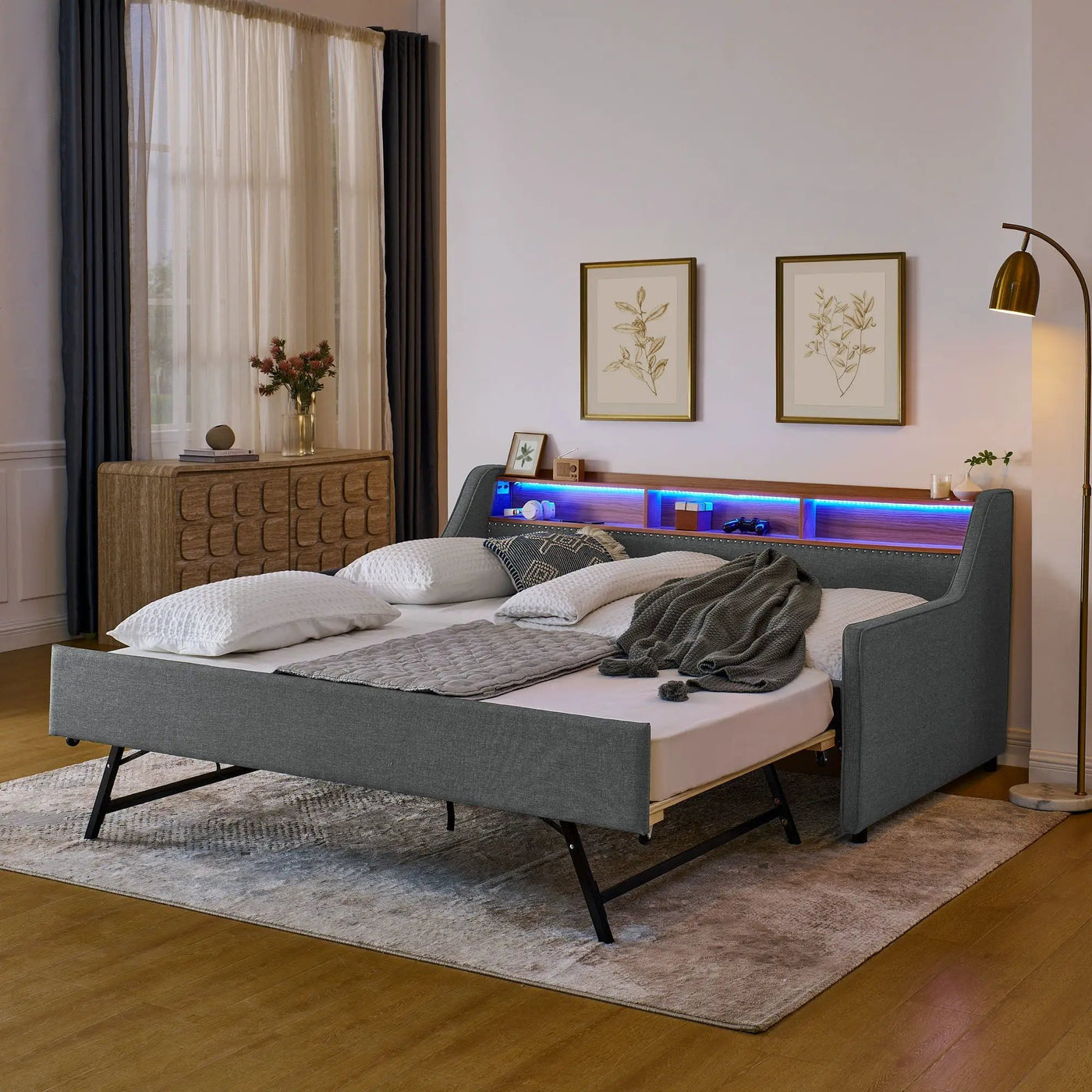 Upholstered Sofa Bed With LED Lights, Storage Headboard, Foldable Trundle & Wireless Charging by HouseOfZazla
