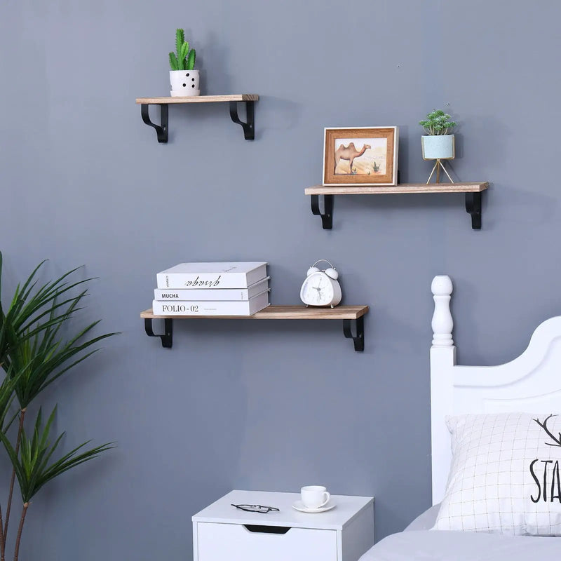 Floating Shelves, Long Wall Shelves (Set of 3), Wall Mounted Shelves & Brackets For Bedroom - Natural Wood by HouseOfZazla