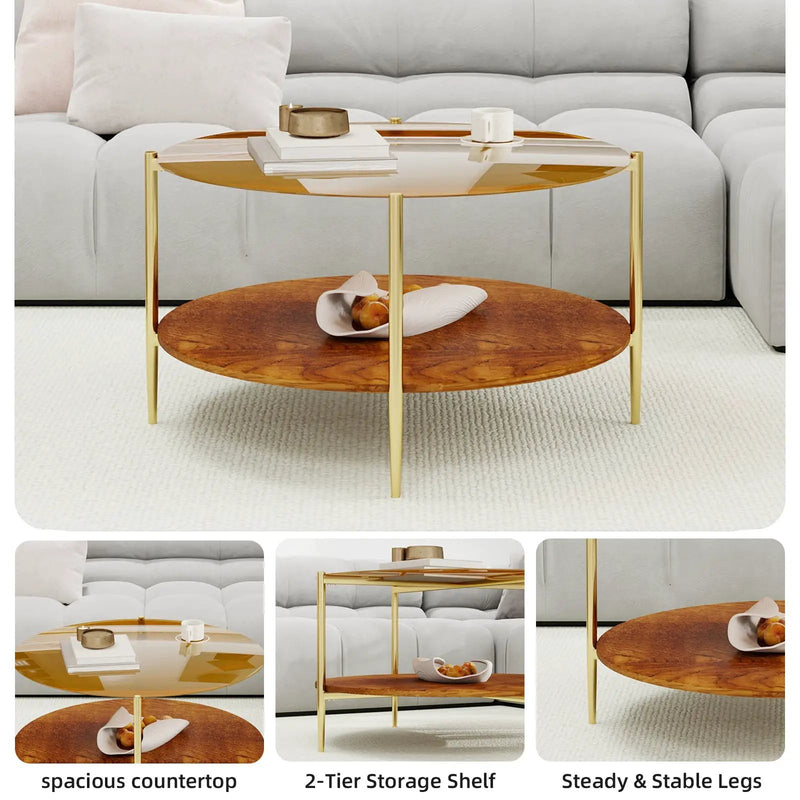 Luxurious Round Coffee Table with Gold-Tinted Tempered Glass Top by HouseOfZazla