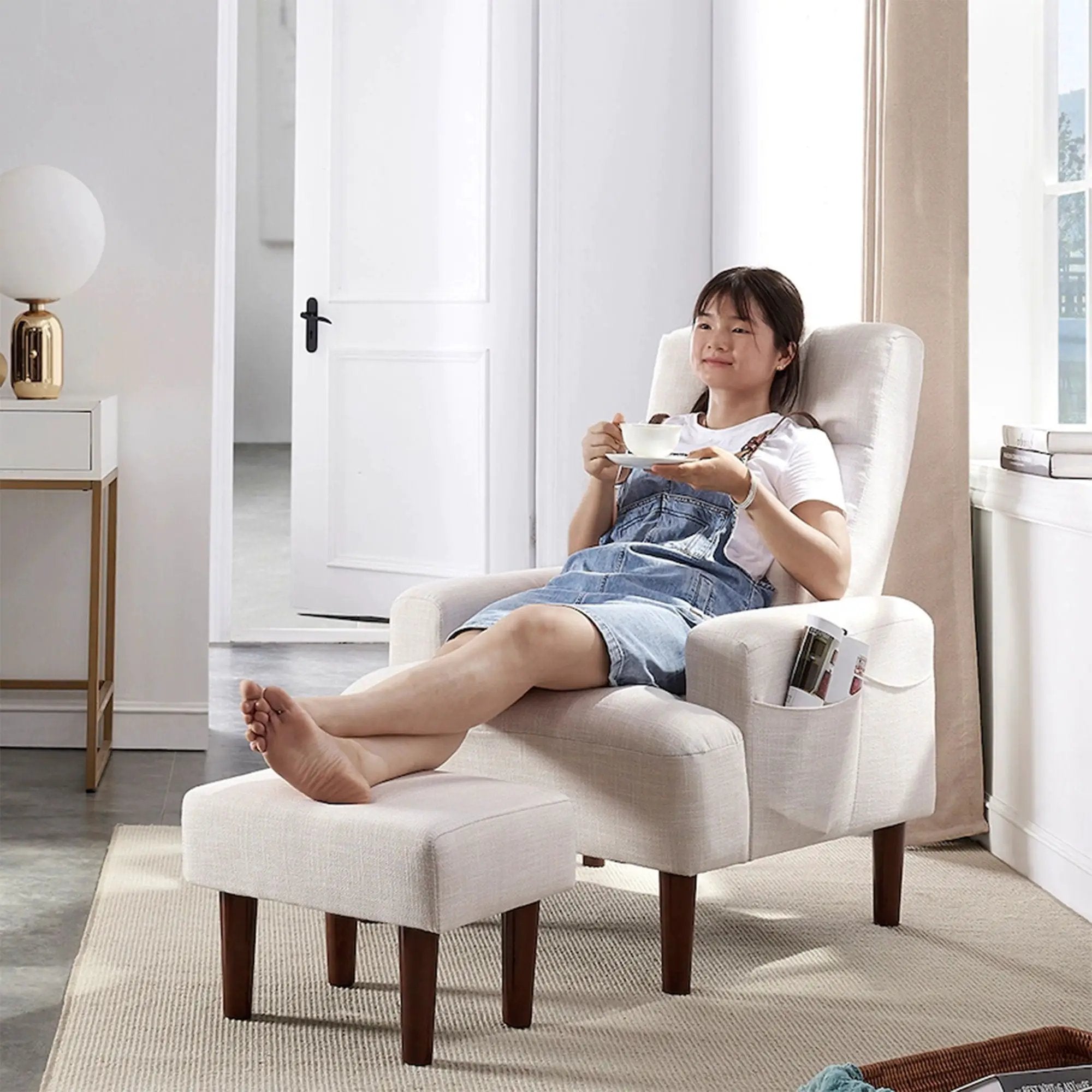 Living Room Sofa Single Chair And Ottoman, Modern Multi-Function Fabric Living Room Sofa Lounge Chair Bed And Stool. Soft Leisure Single Chair Adjustable Into 5 Angles With Sofa Bed by Unique Piece Furniture