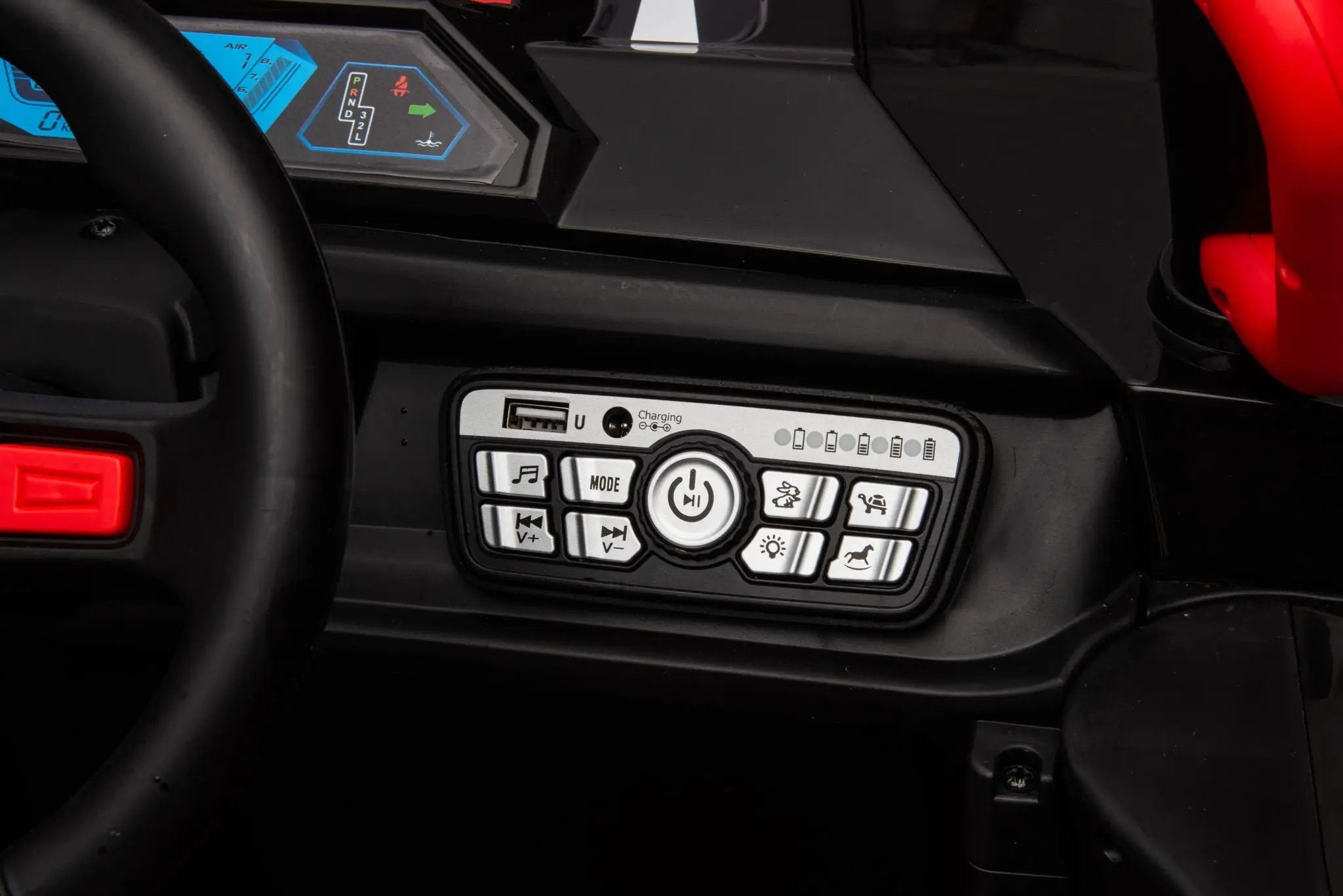 12V7A*1 30W*4 Four-Wheel Drive Seat One Button Start, Forward And Backward, High And Low Speed, Music, Front Light, Power Display, Two Doors Can Open, 2.4G R / C, Seat Belt Four Wheel Absorber by HouseOfZazla