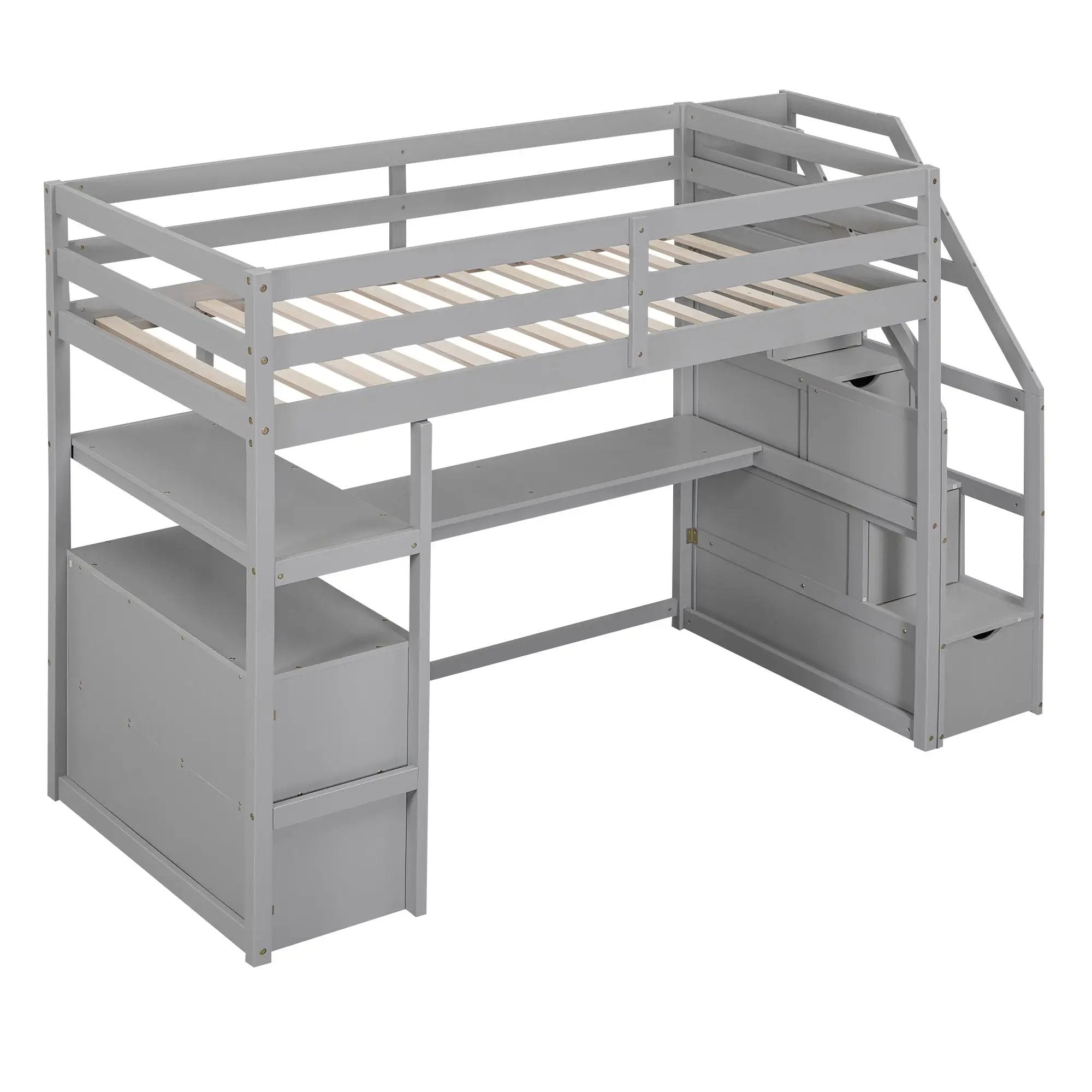 Loft Bed With Desk, Shelves, 2 Drawers, Storage Staircase