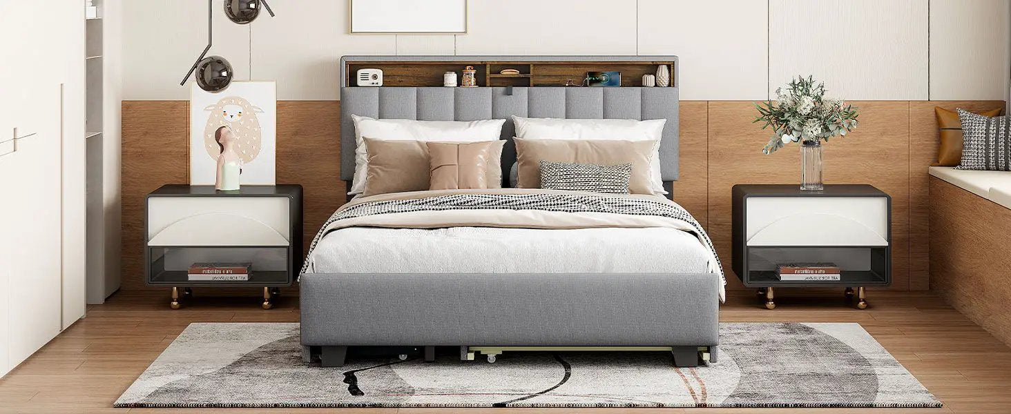 Upholstered Platform Bed With Storage Headboard, Trundle & 2 Drawers And A Set Of Sockets & USB Ports by HouseOfZazla