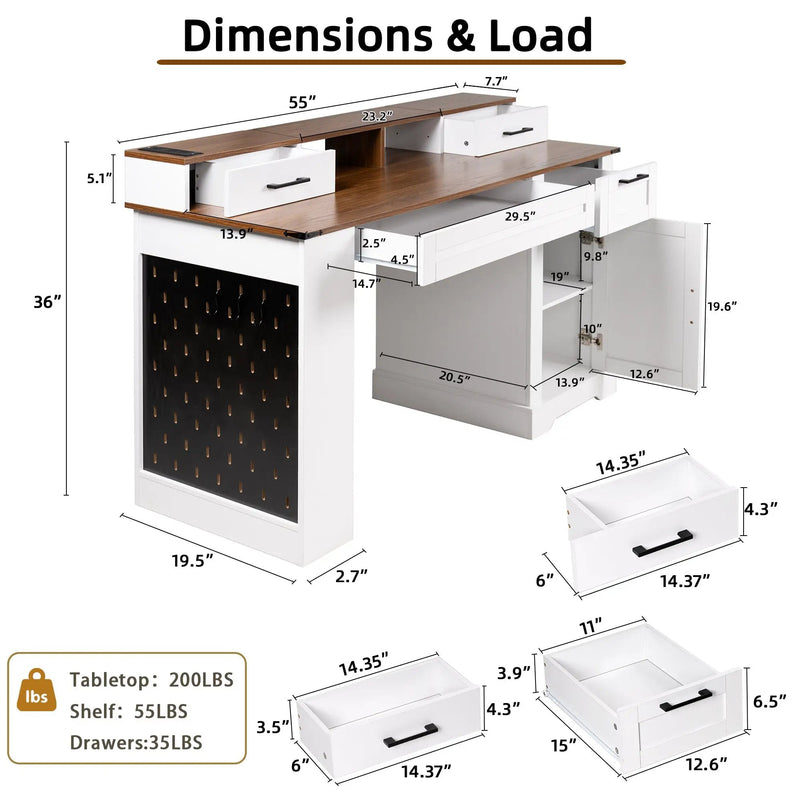 55" Farmhouse Office Desk with Storage Cabinet & Charging Station by HouseOfZazla