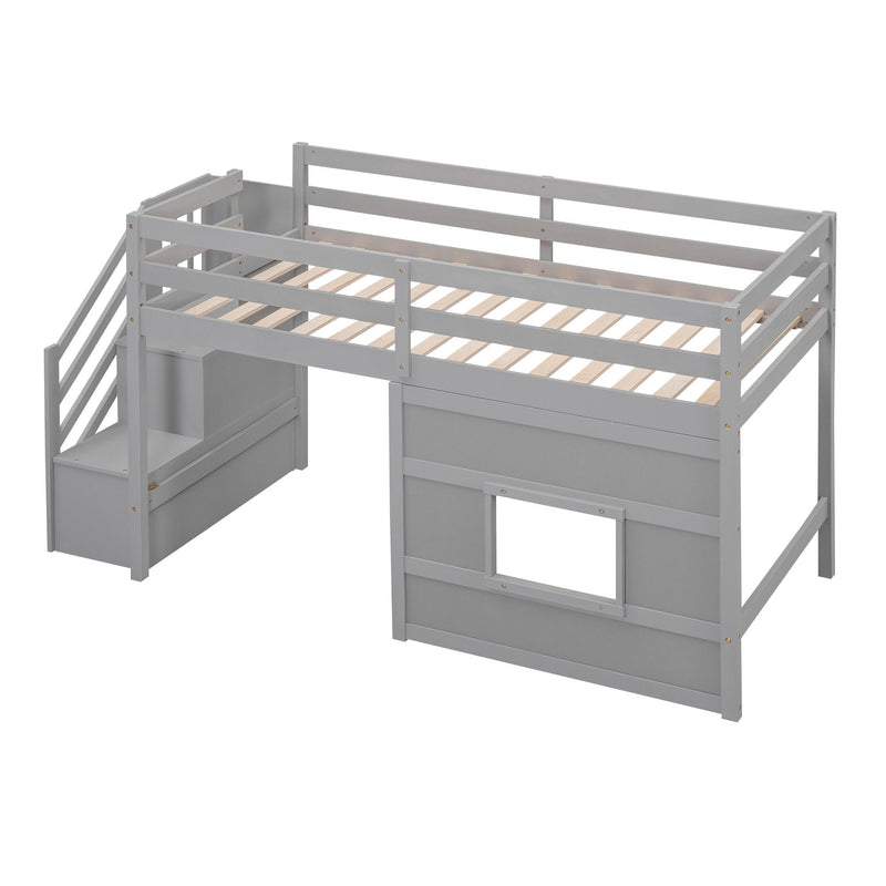 Loft Bed With Storage Staircase, Window & LED Light