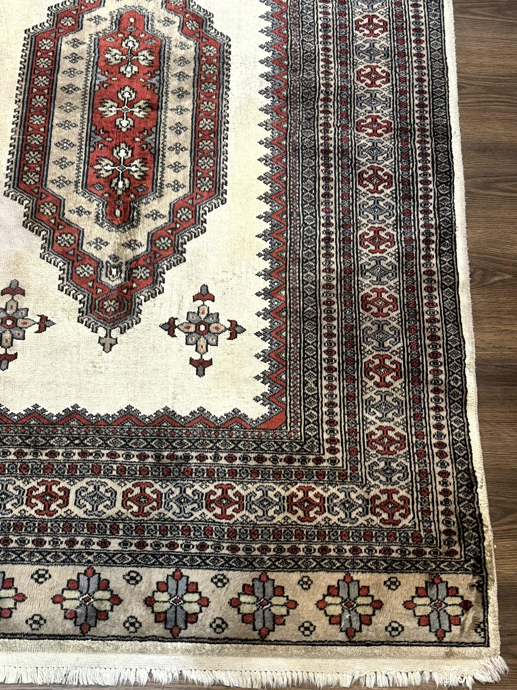Pakistani Turkoman Rug 4x6, Semi Open Field, Ivory, Vintage by Jewel Rugs