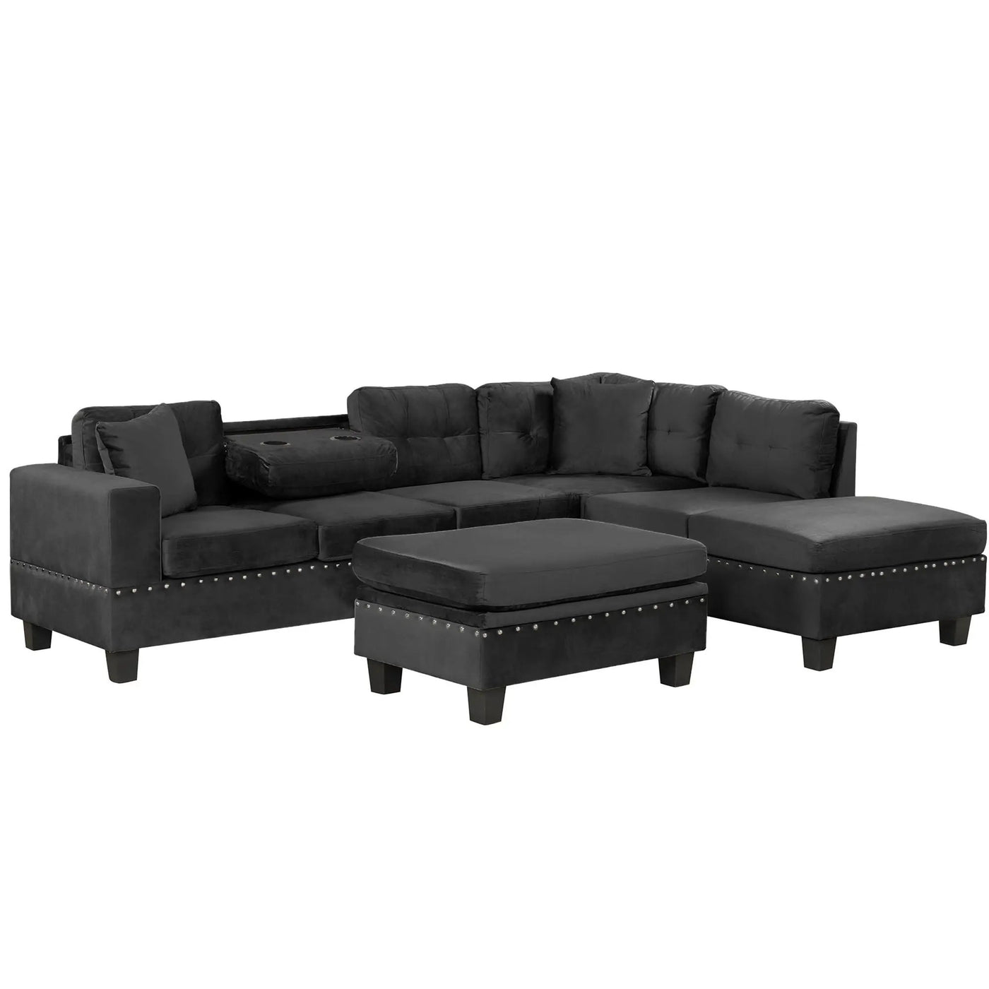 Modern Sectional Sofa With Storage Ottoman, L - Shape Couch With 2 Pillows And Cup Holders by HouseOfZazla