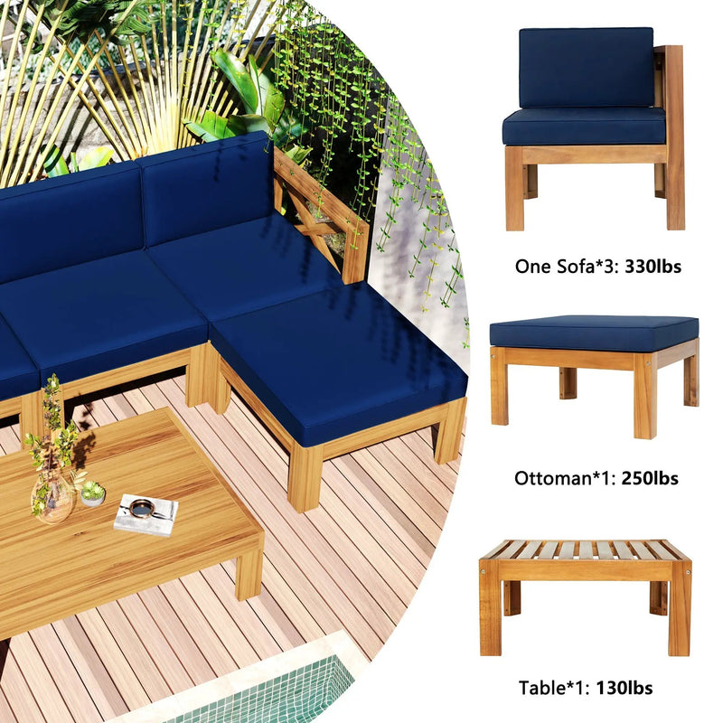 TOPMAX Outdoor 5-Piece Wood Sectional Patio Sofa Set with Blue Cushions by HouseOfZazla