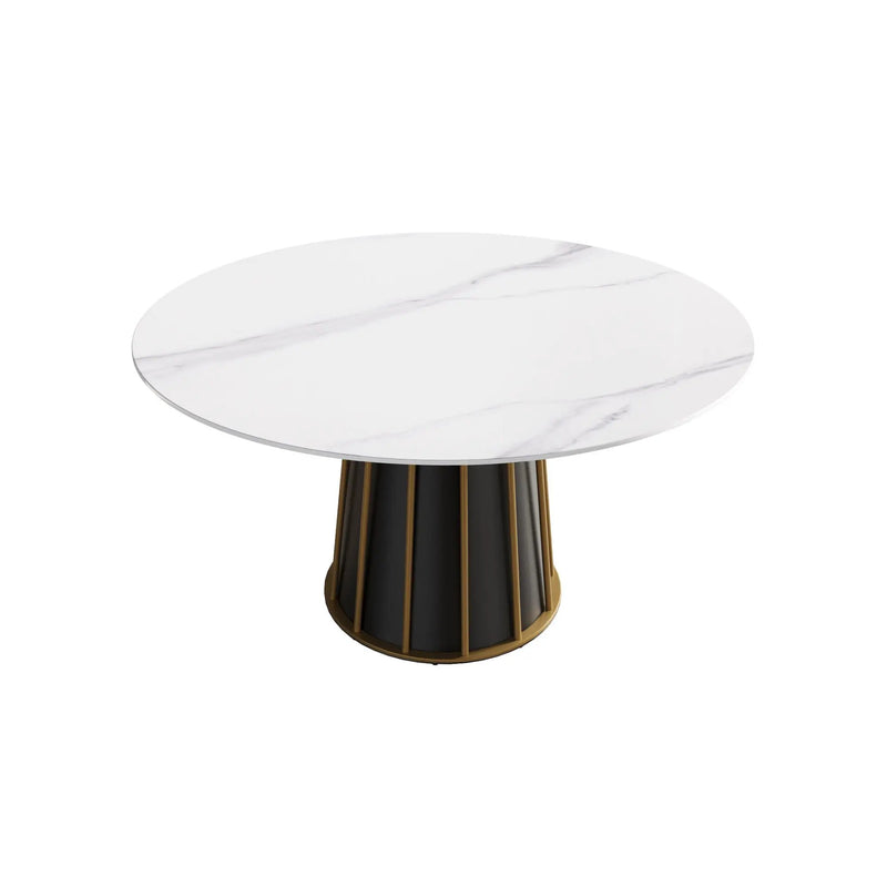 53.15" Modern Artificial Stone Round Panel Metal Iron Base Dining Table, Can Accommodate 6 People, (Not Including Chairs) - White / Black by HouseOfZazla