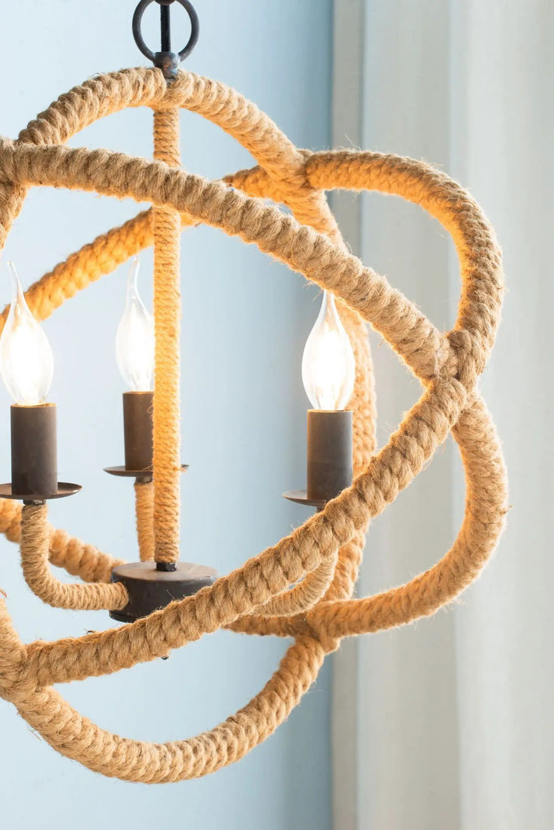 3 Light Farmhouse Chandelier, Rope Chandelier Globe Hanging Light Fixture With With Adjustable Chain For Kitchen, Bulb Not Included - Beige Brown by HouseOfZazla