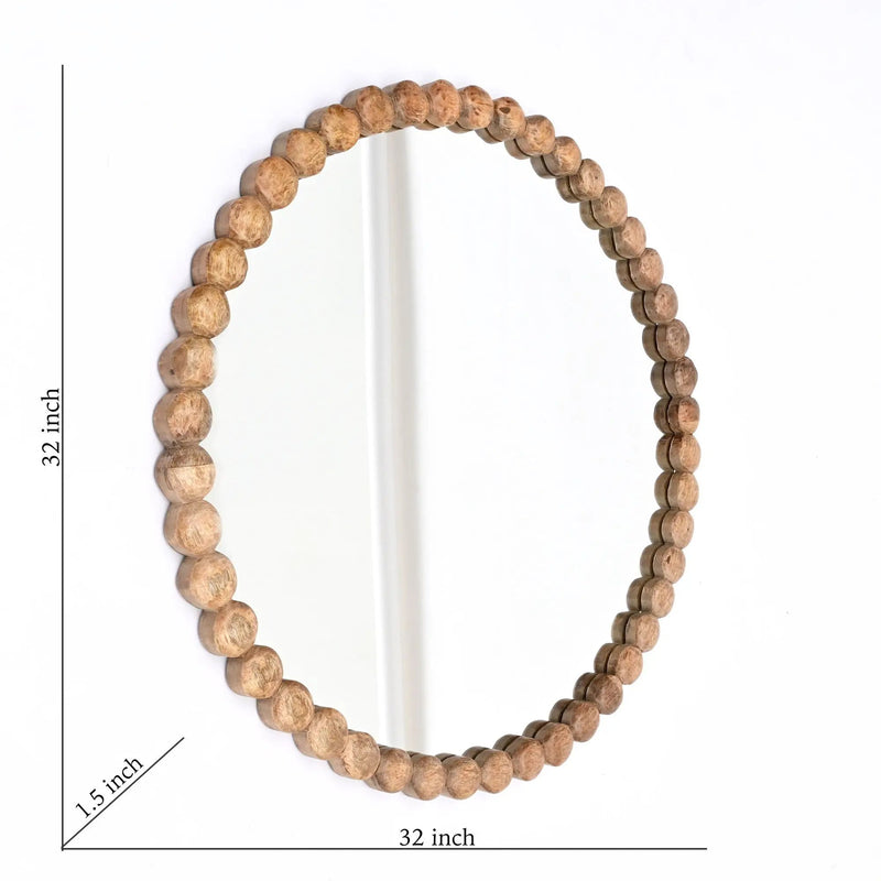 Decorative Round Hanging Wall Mirror With Bead Design Frame - Natural