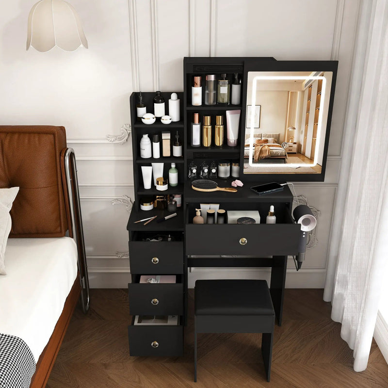 Vanity Desk With 3 LED Lighting Modes, 4 Drawers, Open Shelves, Hair Dryer Holder & Power Socket Dressing Table Set With Chair - Black by HouseOfZazla