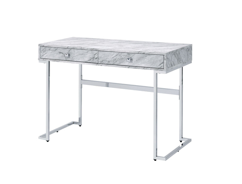 White Faux Marble Writing Desk with Storage Drawers - White