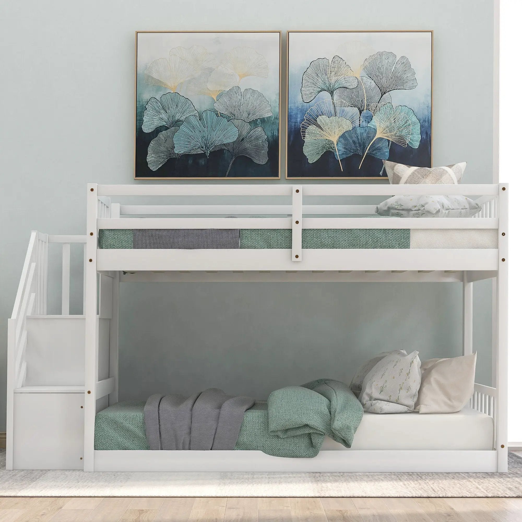 Twin Over Twin Floor Bunk Bed, Ladder With Storage by Unique Piece Furniture