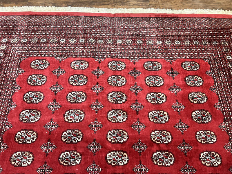 Turkoman Rug 8 x 11.6, Red Bokhara Pakistani Carpet, Wool Handmade Vintage Rug by Jewel Rugs