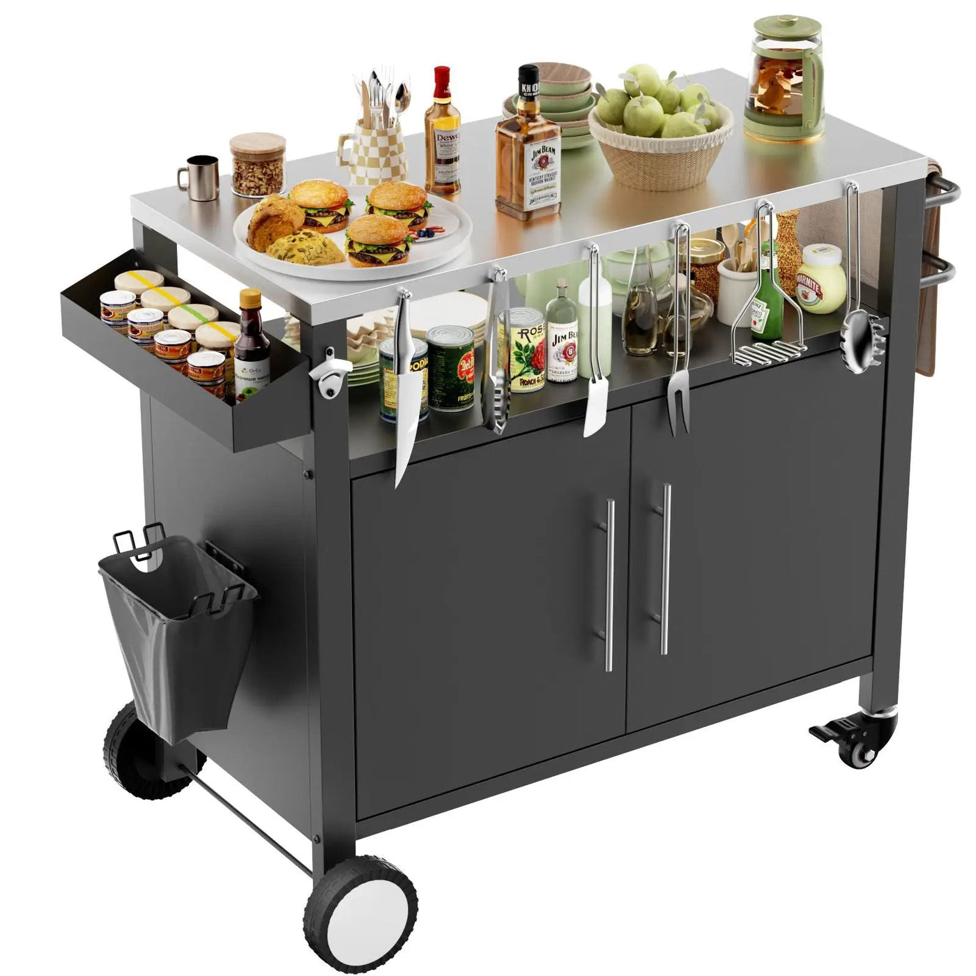 Outdoor Grill Cart With Storage, Rolling Bar Cart With Hooks And Spice Rack Stainless Steel by HouseOfZazla