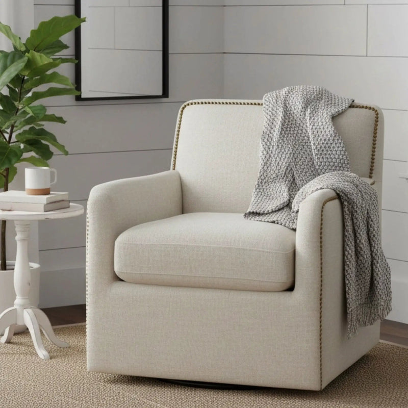 Tolland - Swivel Accent Chair With Antique Brass Nailhead Trim - Beige by HouseOfZazla