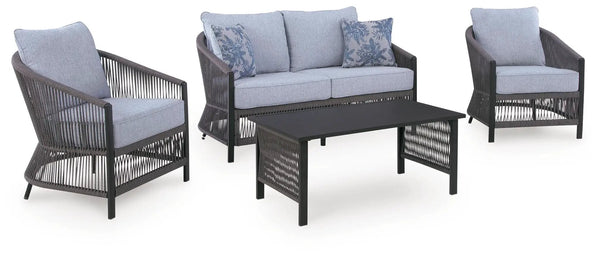 Bridges Beach - Loveseat, Lounge Chairs, Table Set (Set of 4) - Gray