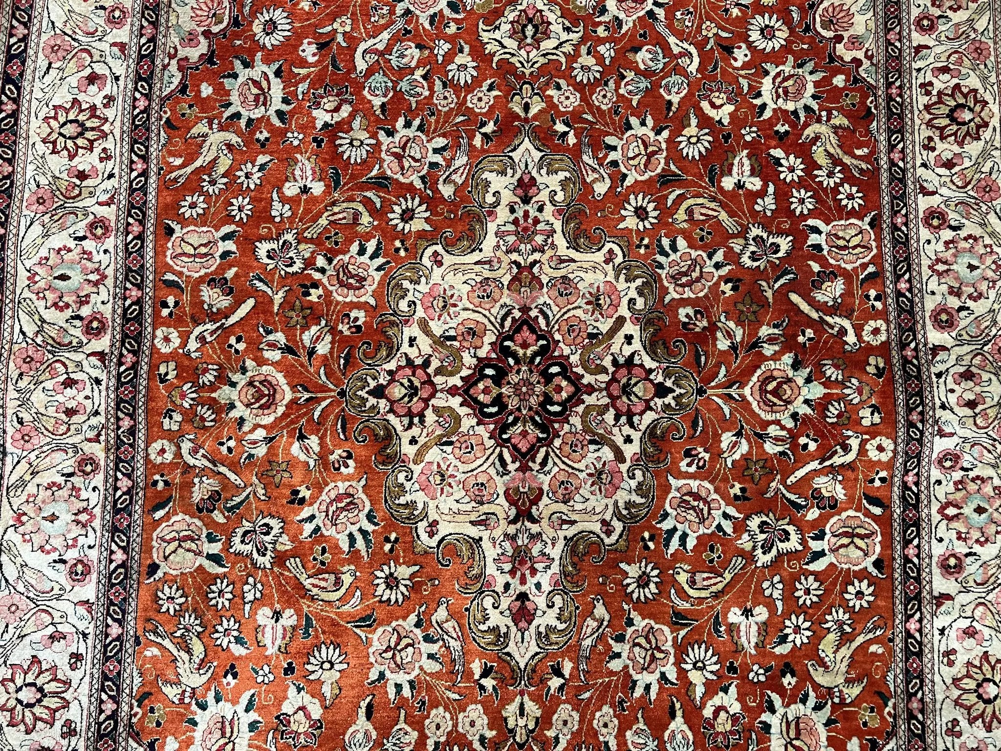 Persian Qum Silk Rug 5x7 - Floral Medallion, Birds, Orange-Red by Jewel Rugs