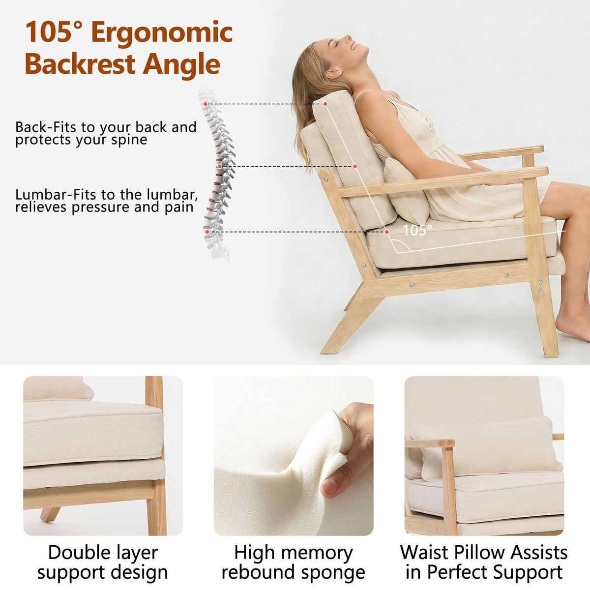 Living Room Chair with Lumbar Pillow and Solid Wood Frame - Dark Gray, Dark Green, Beige, photo 18 of 40