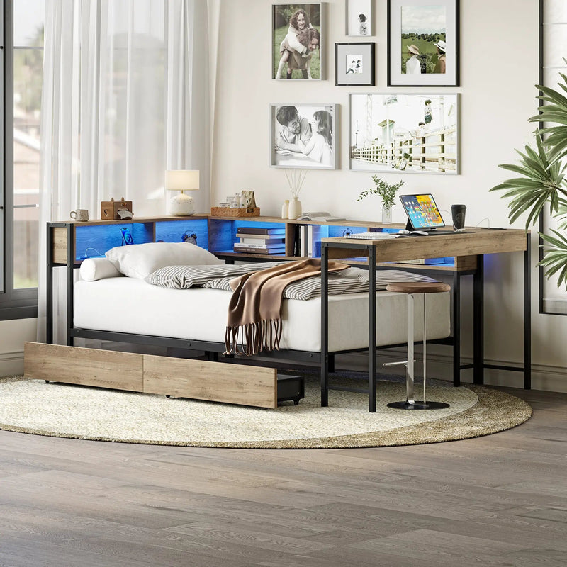Corner Bed Frame Full Size with Bookcase and Storage Drawers by HouseOfZazla