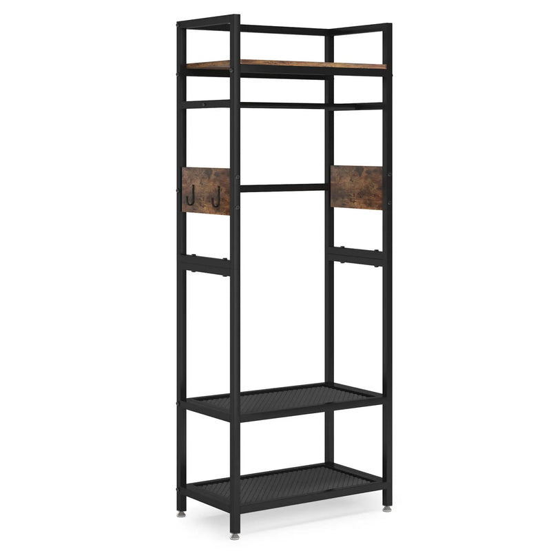 Rack With Hanging Rod, 4 Hooks, Heavy Duty Freestanding Closet Organizer - Brown / Black by HouseOfZazla